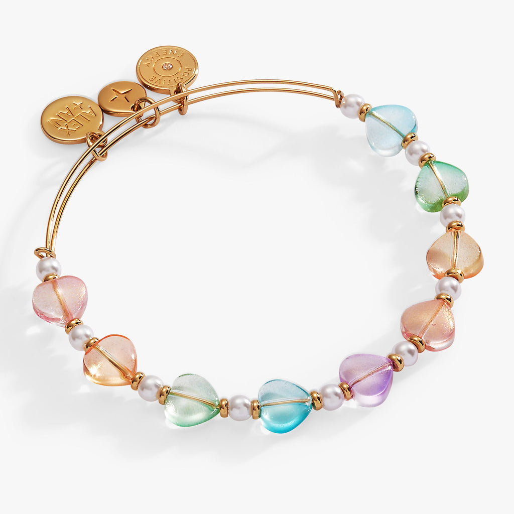 Expandable wire bangle with colorful glass heart beads, pearls, and gold-tone accents