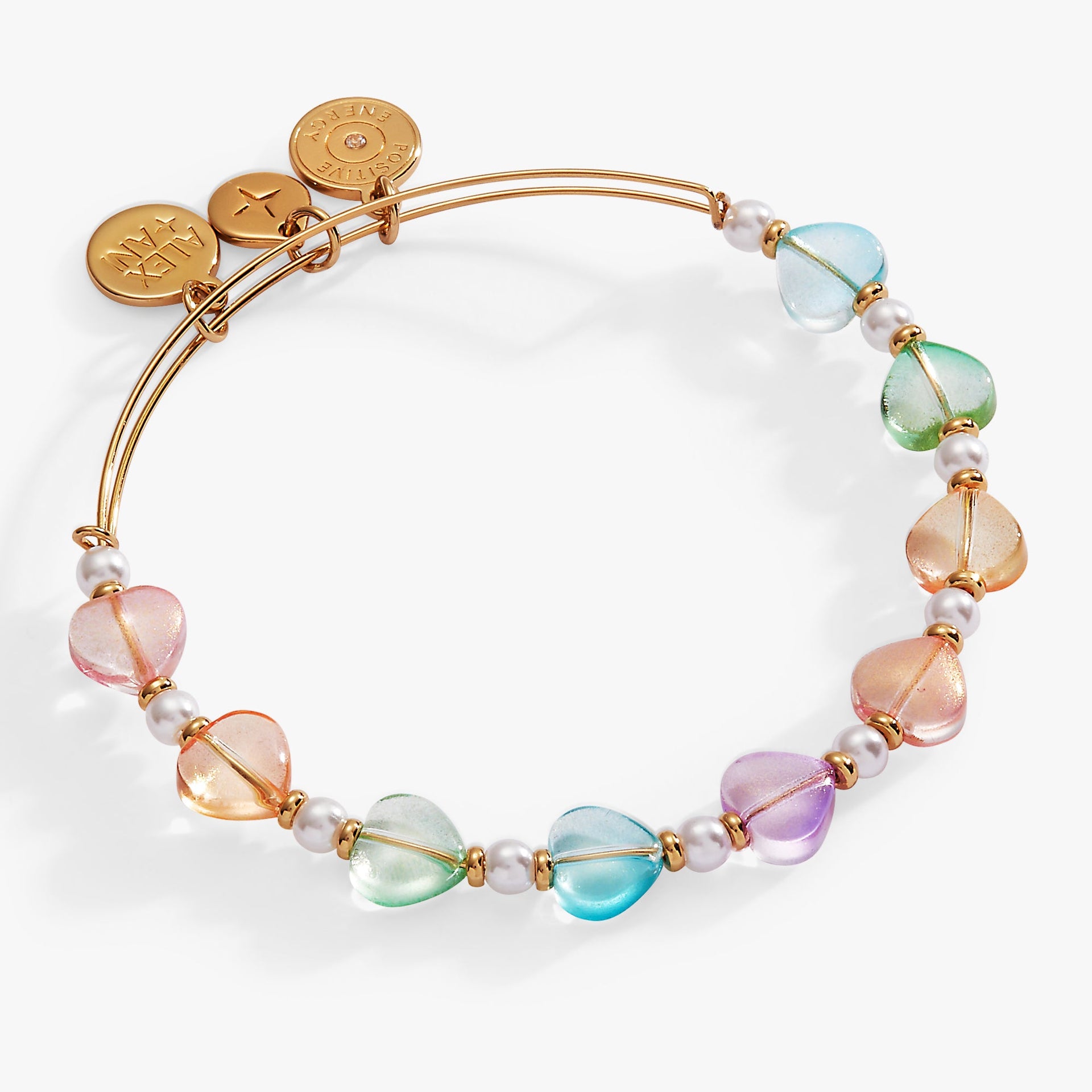 Expandable wire bangle with colorful glass heart beads, pearls, and gold-tone accents