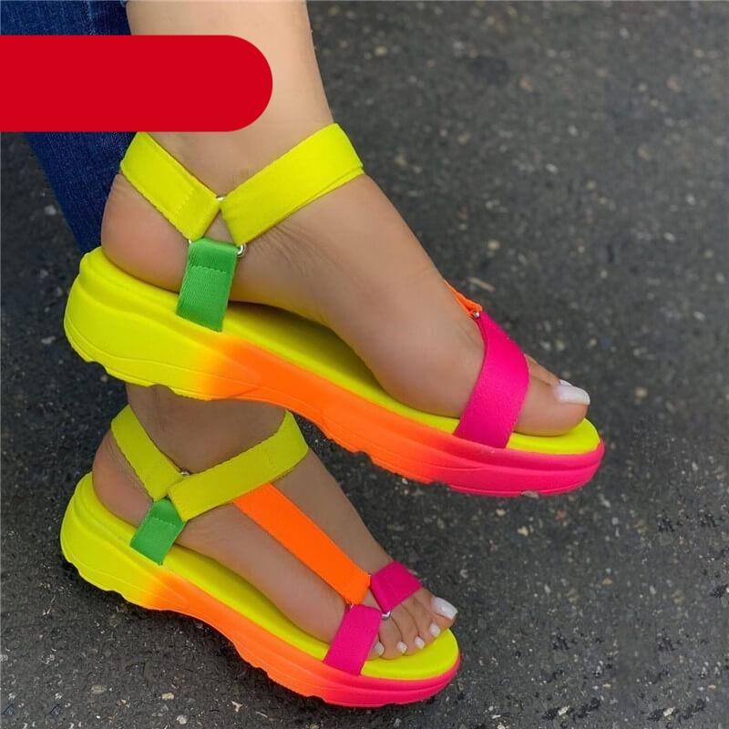 Women's sporty flat slingback sandals in bright neon colors