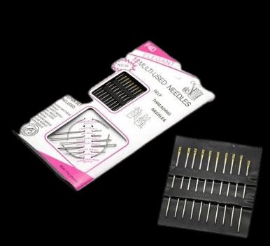 18-piece set of silver self-threading sewing needles in elegant white and pink packaging.