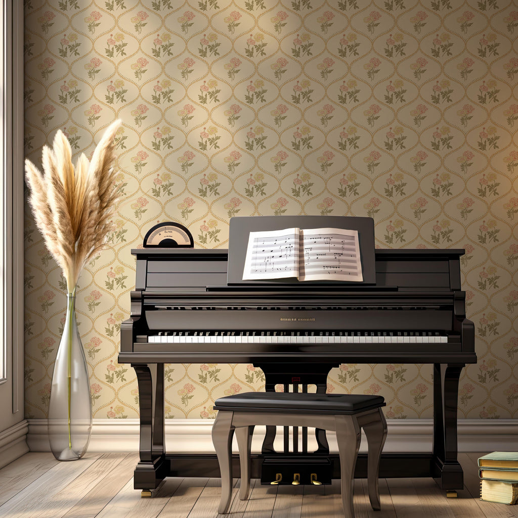 Avenly Vintage Floral Wallpaper, Sage-Green and Terracotta