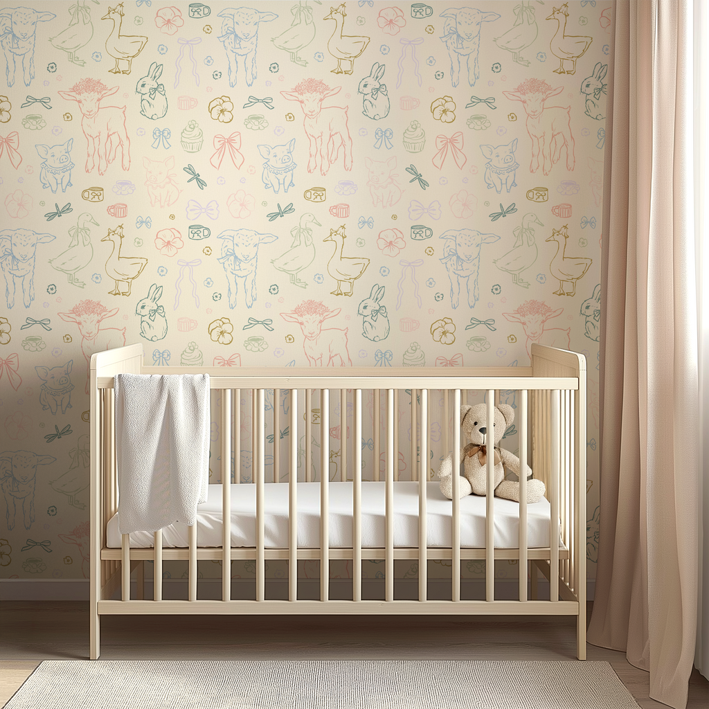 Charlotte patterned removable peel and stick wallpaper on a bedroom wall