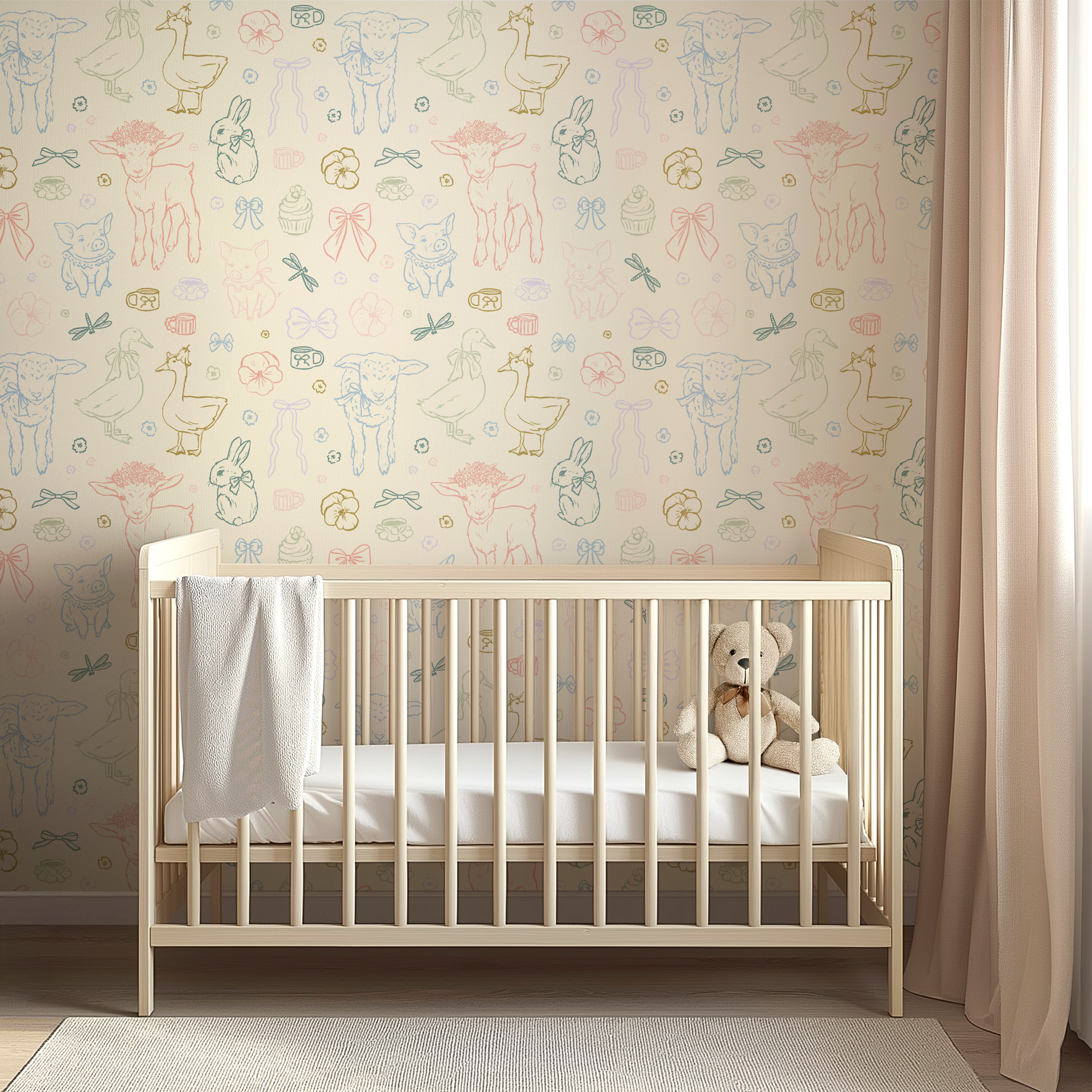 Charlotte patterned removable peel and stick wallpaper on a bedroom wall