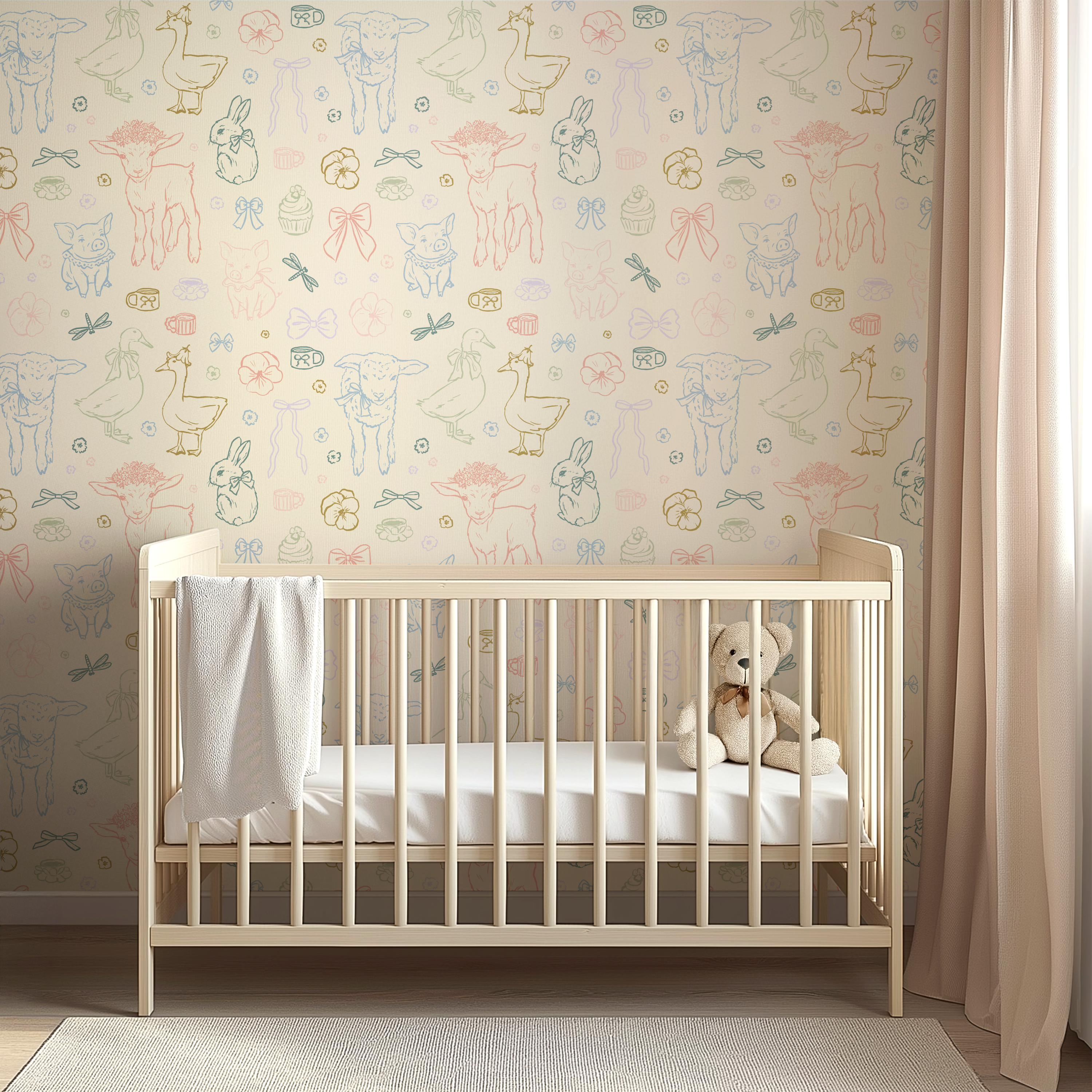 Charlotte patterned removable peel and stick wallpaper on a bedroom wall