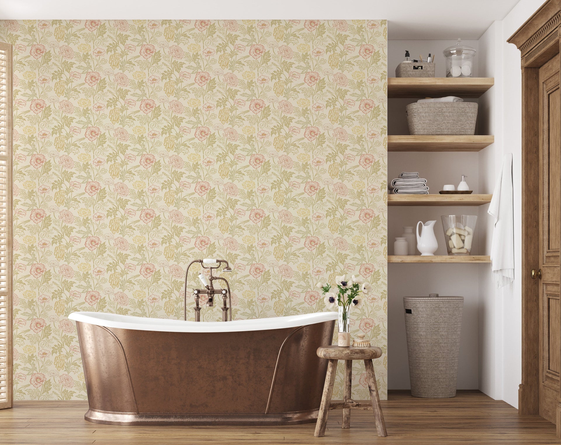 Camila Floral Wallpaper, Dark-Green, Gold and Terracotta