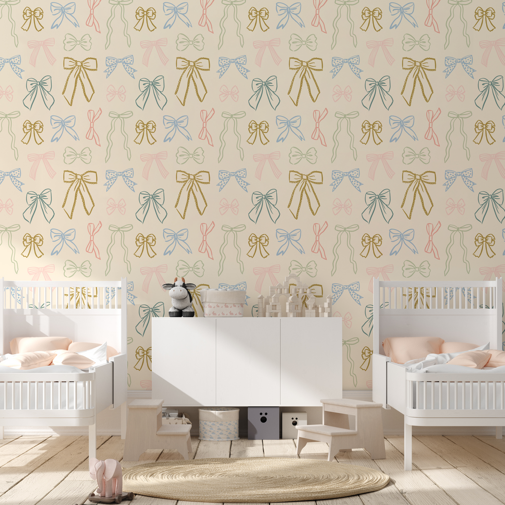 Brielle cream and multi-color whimsical wallpaper styled in a modern nursery