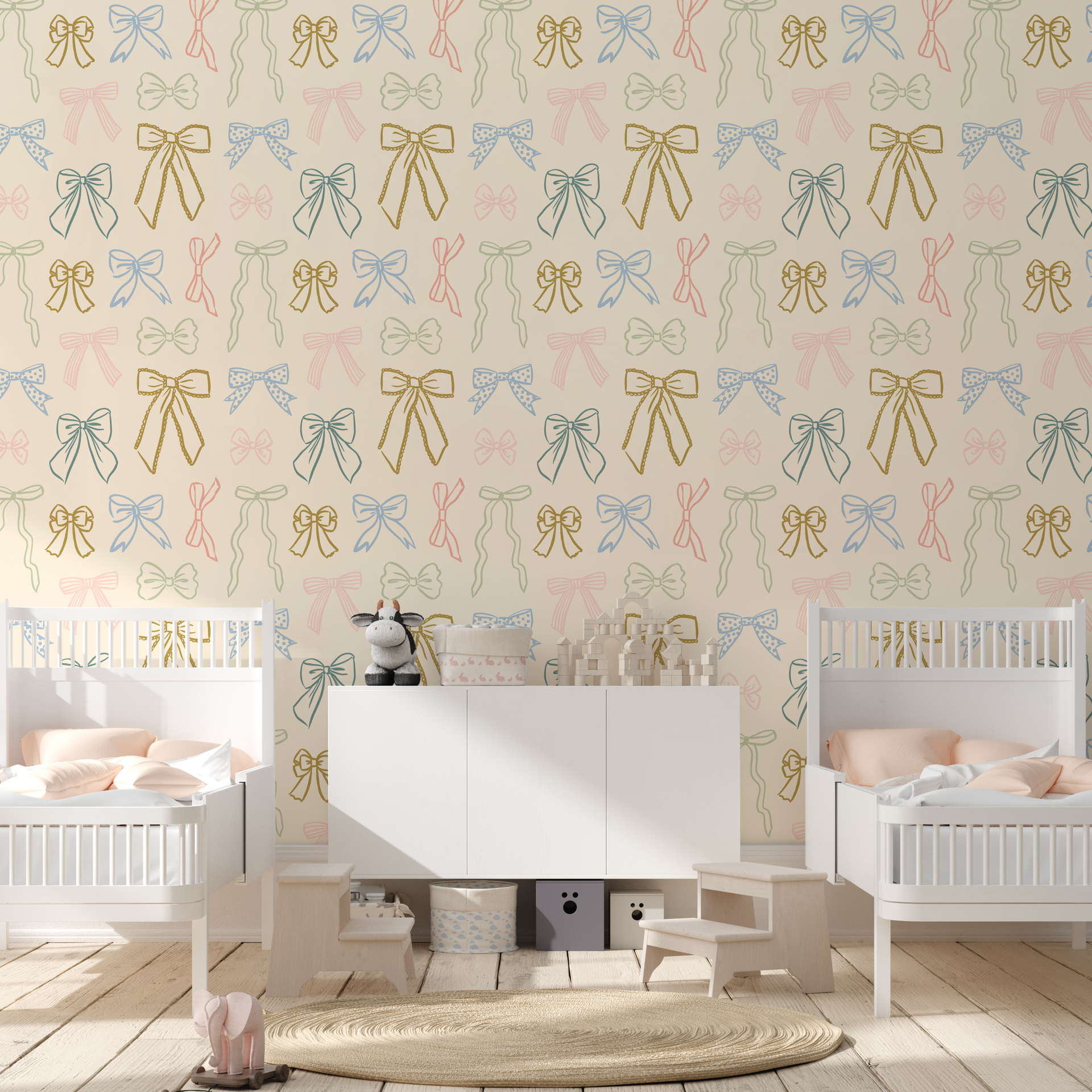 Brielle cream and multi-color whimsical wallpaper styled in a modern nursery