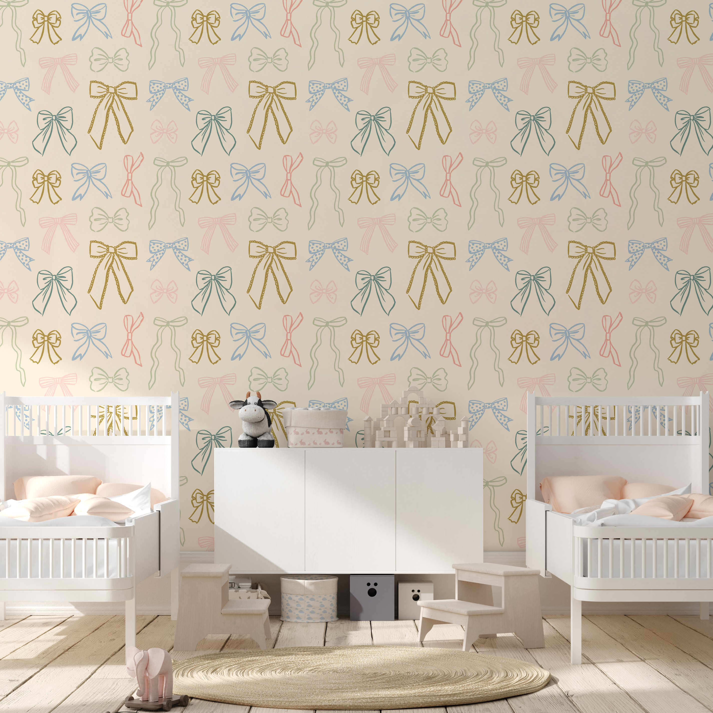 Brielle cream and multi-color whimsical wallpaper styled in a modern nursery