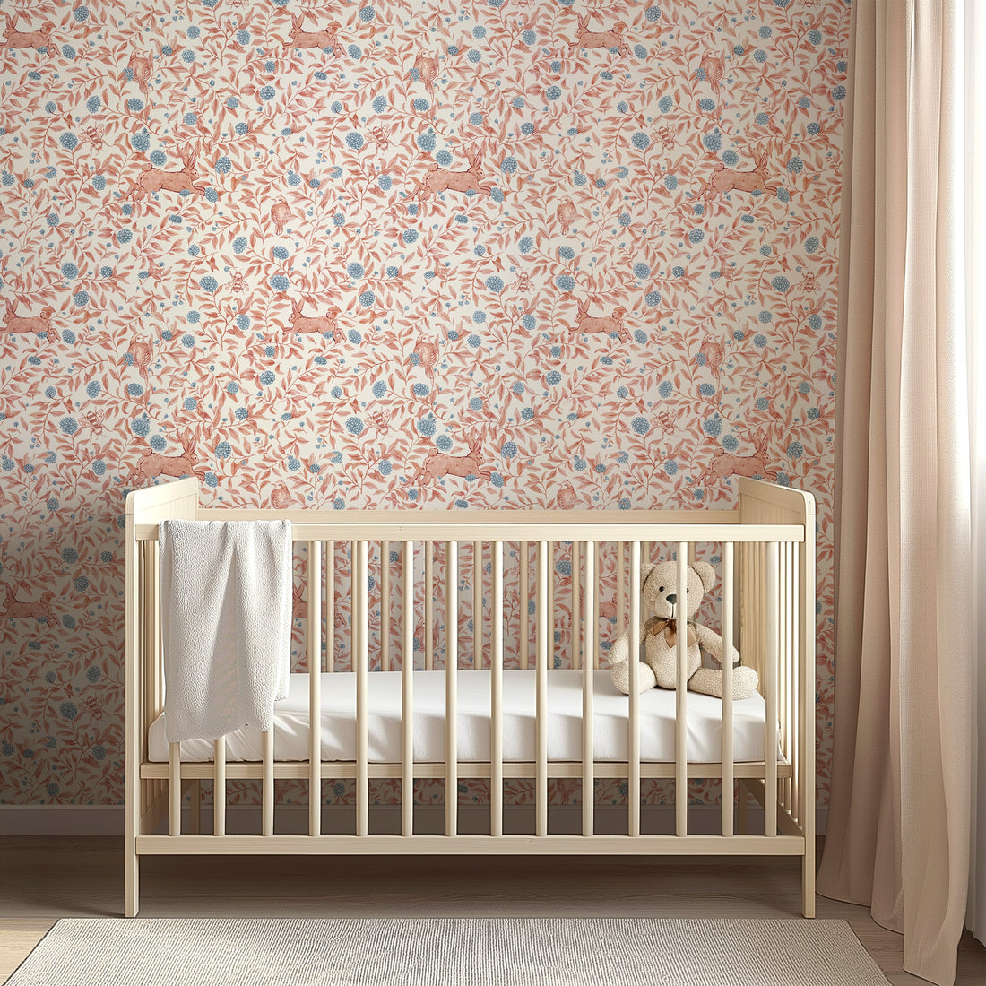 Afton floral wallpaper with cream, terracotta, dusty-blue, and blush-pink tones