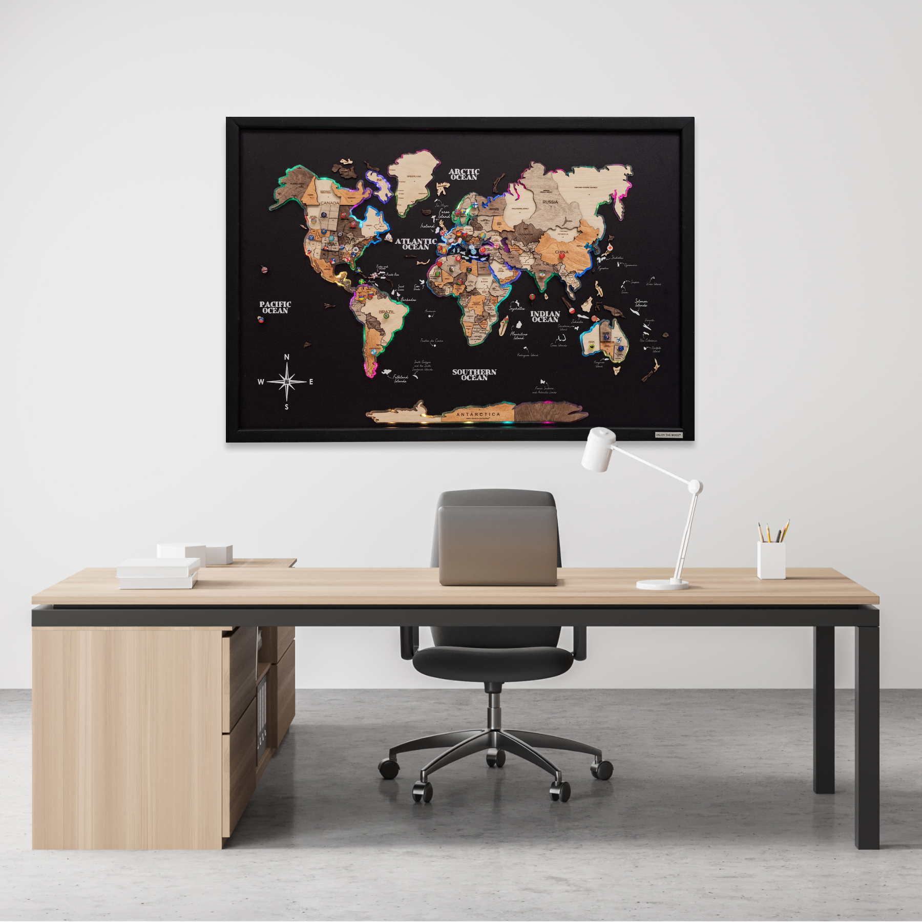 Gold LED 2.0 Wooden World Map on Board Wall Art