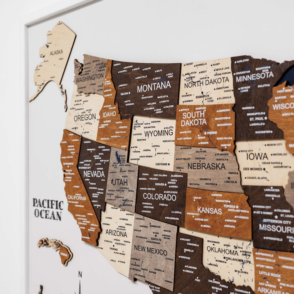 3D Wooden USA Map on Board - Multicolor State Travel Art