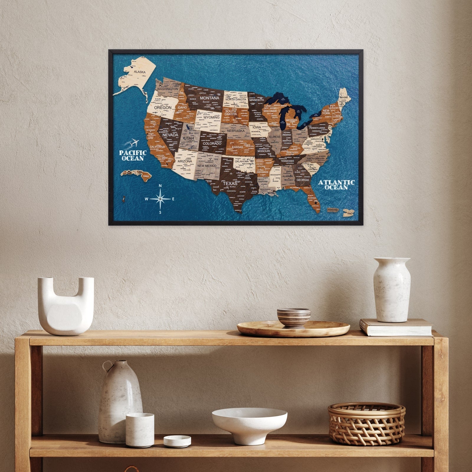 3D Wooden USA Map on Board - Multicolor State Travel Art