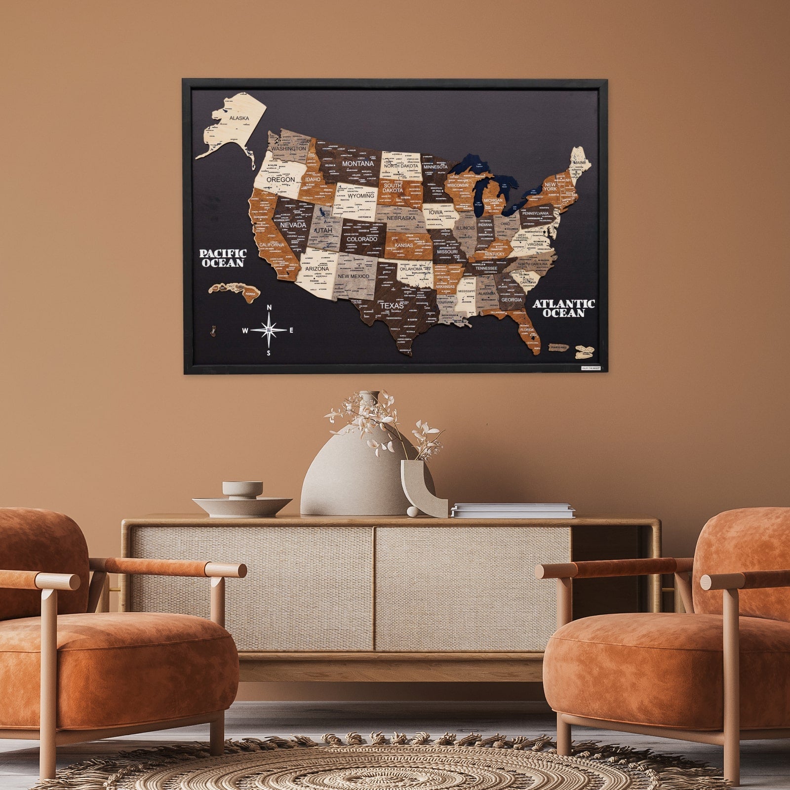 3D Wooden USA Map on Board - Multicolor State Travel Art