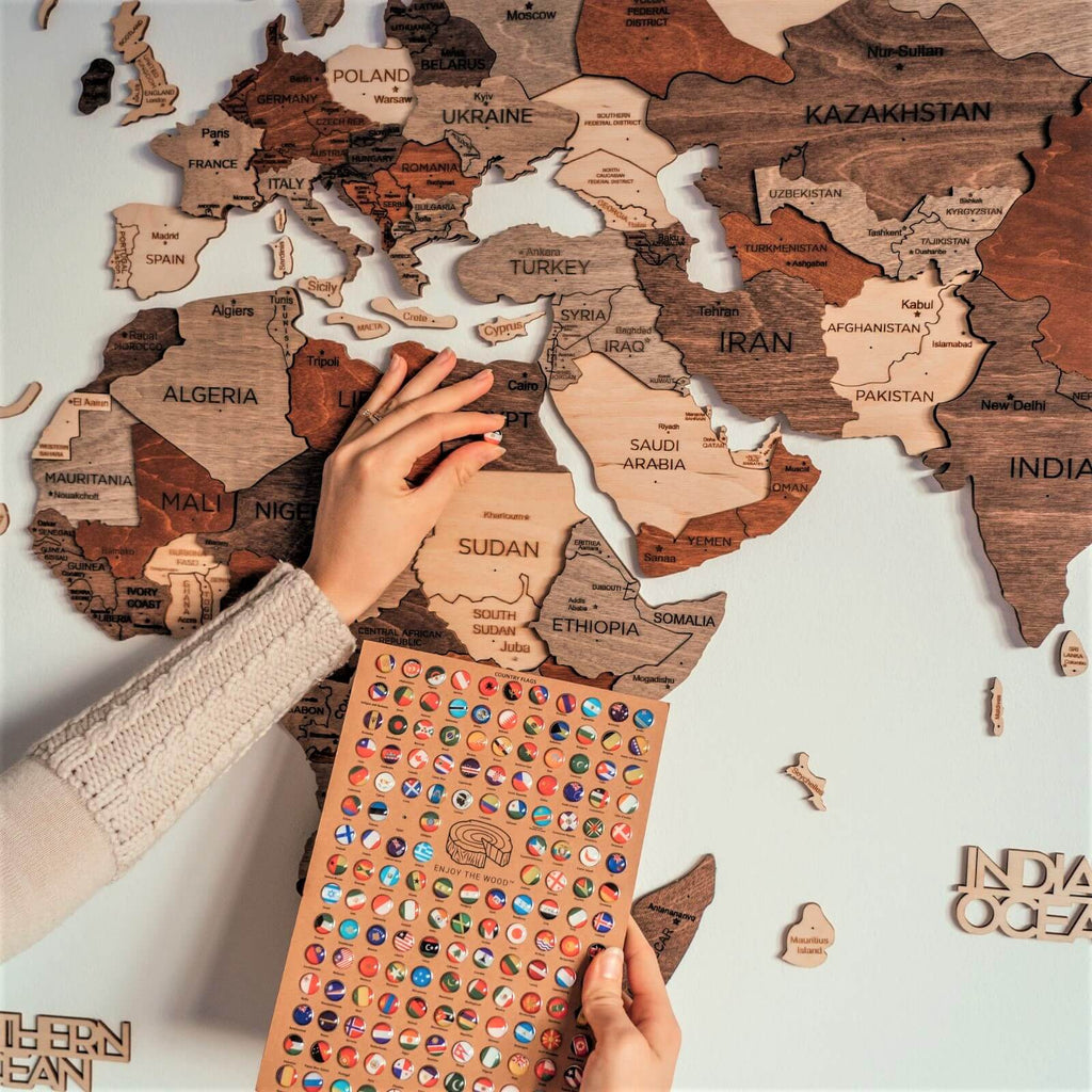 Modern Wooden World Map Wall Decor in Brown Tan and Beige