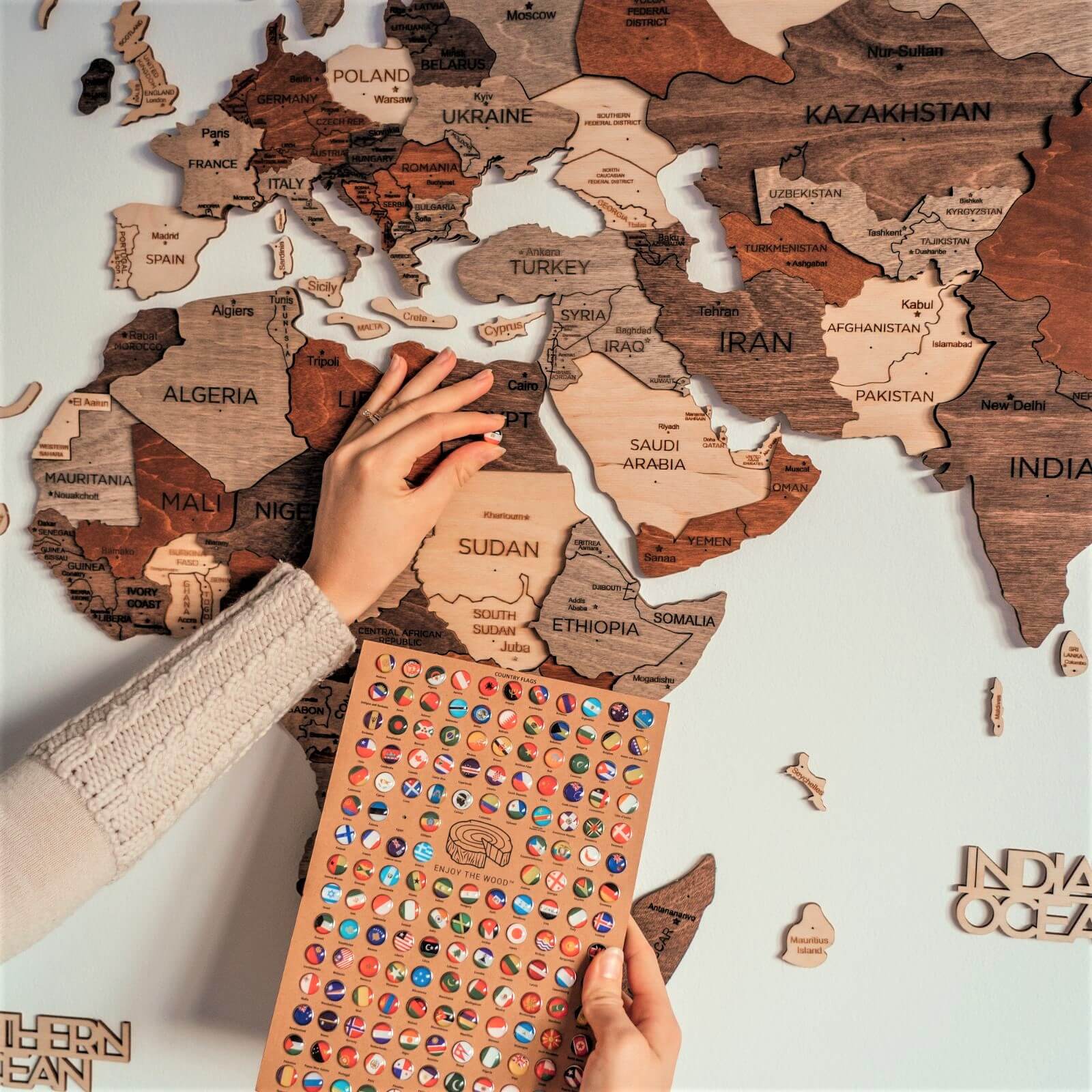 Modern Wooden World Map Wall Decor in Brown Tan and Beige