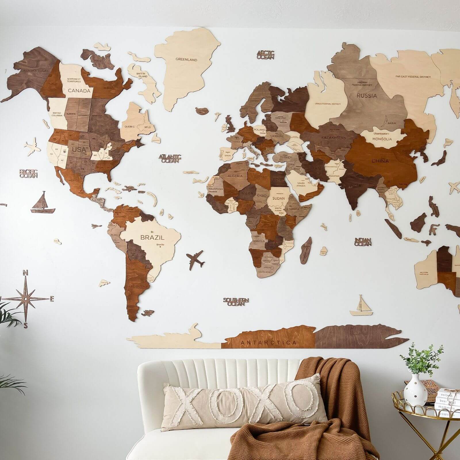 World Map Wall Art Set with Flag Push Pins in Brown Tan Beige