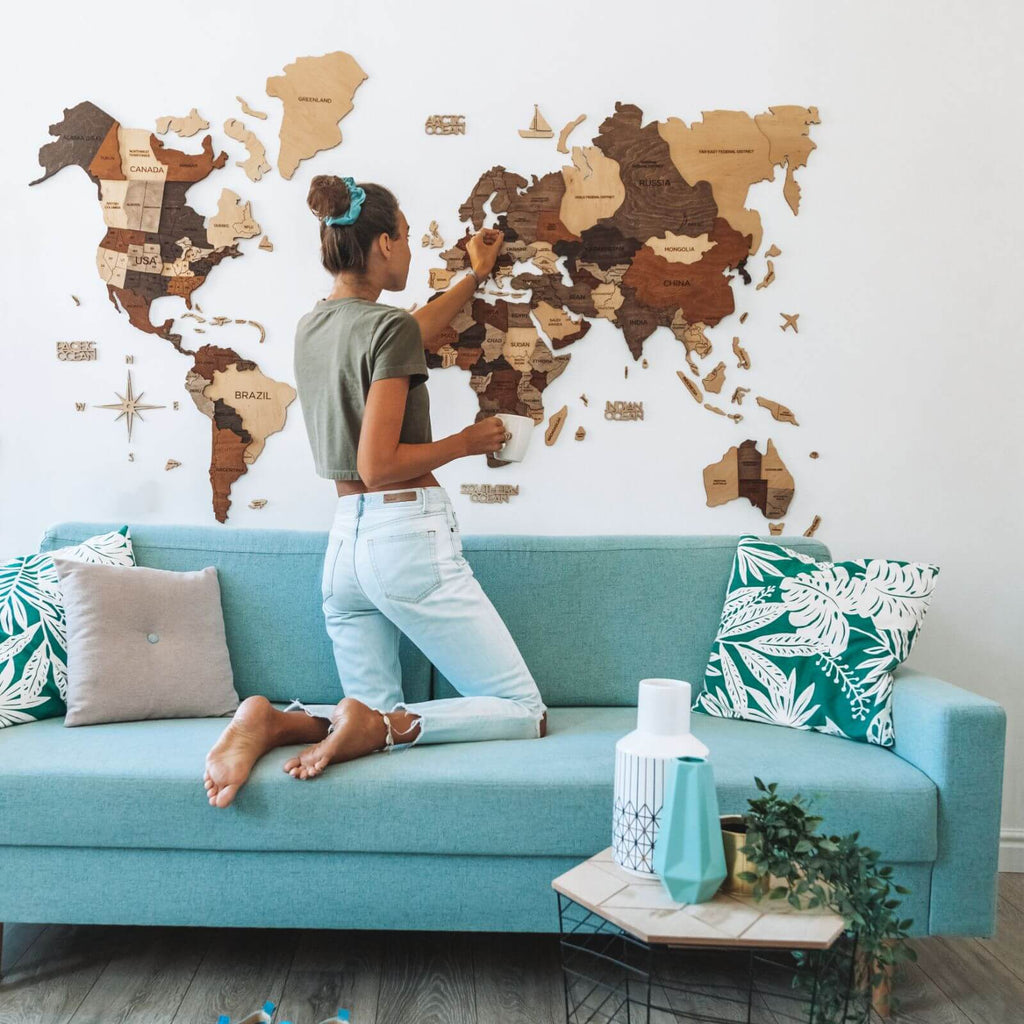 Wooden World Map Wall Decor Set with Travel Memory Box and Pins