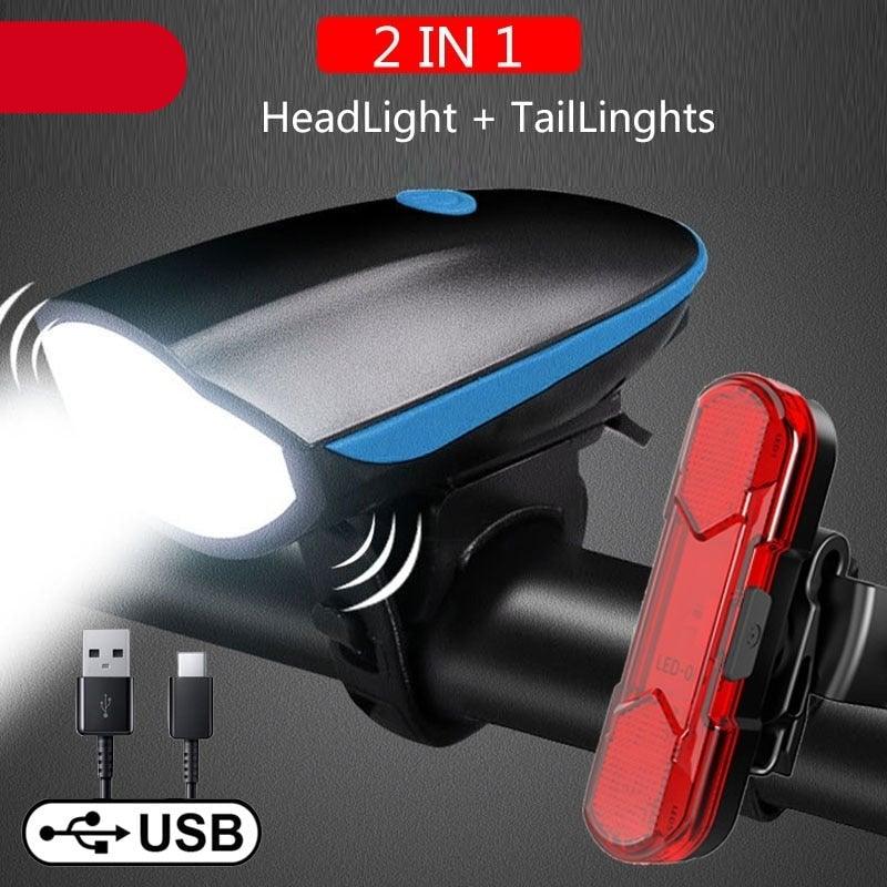 2-in-1 bicycle LED headlight and tail light set with black casing and vibrant accent strips.