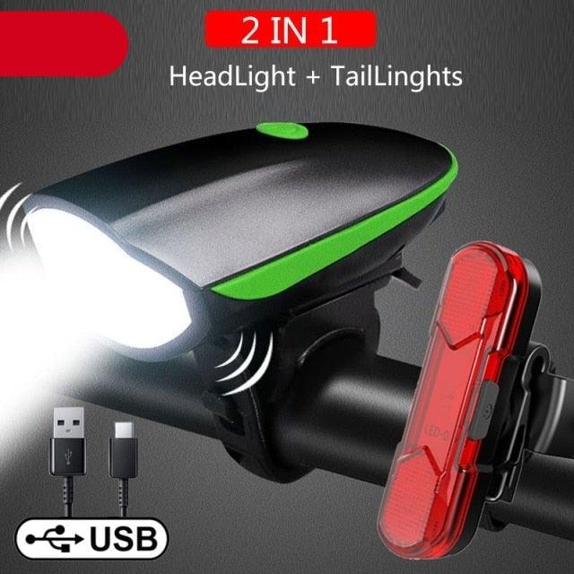 2-in-1 Rechargeable Bicycle LED Headlight & 130dB Horn Safety Set
