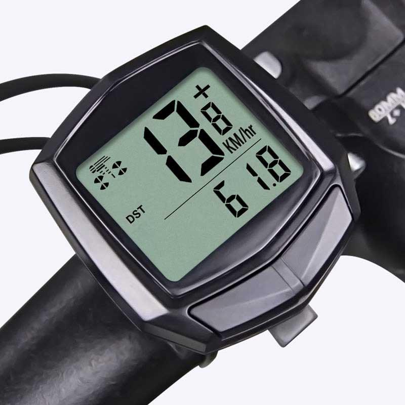 Stevvex waterproof wired digital bicycle cycling computer and speedometer mounted on a bike handlebar