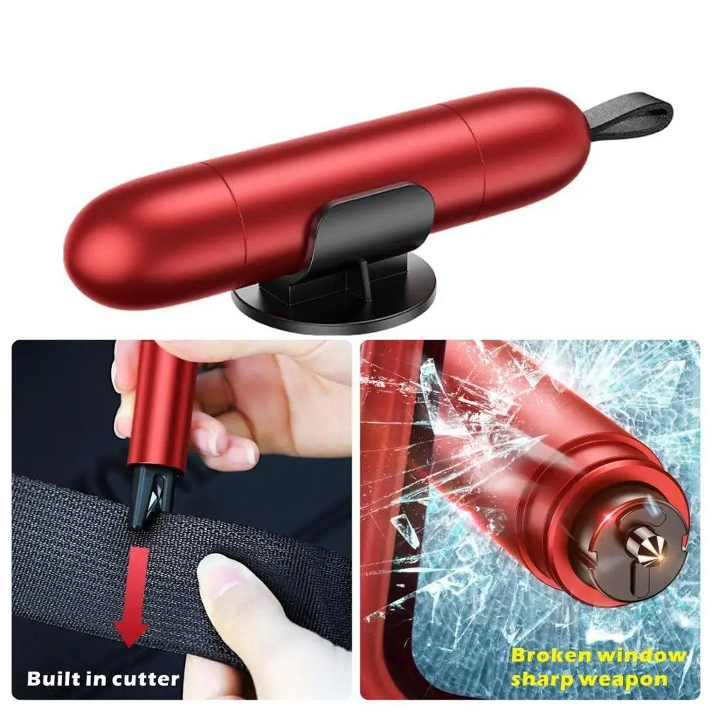 Compact Stevvex car safety hammer with integrated seat belt cutter on a keychain