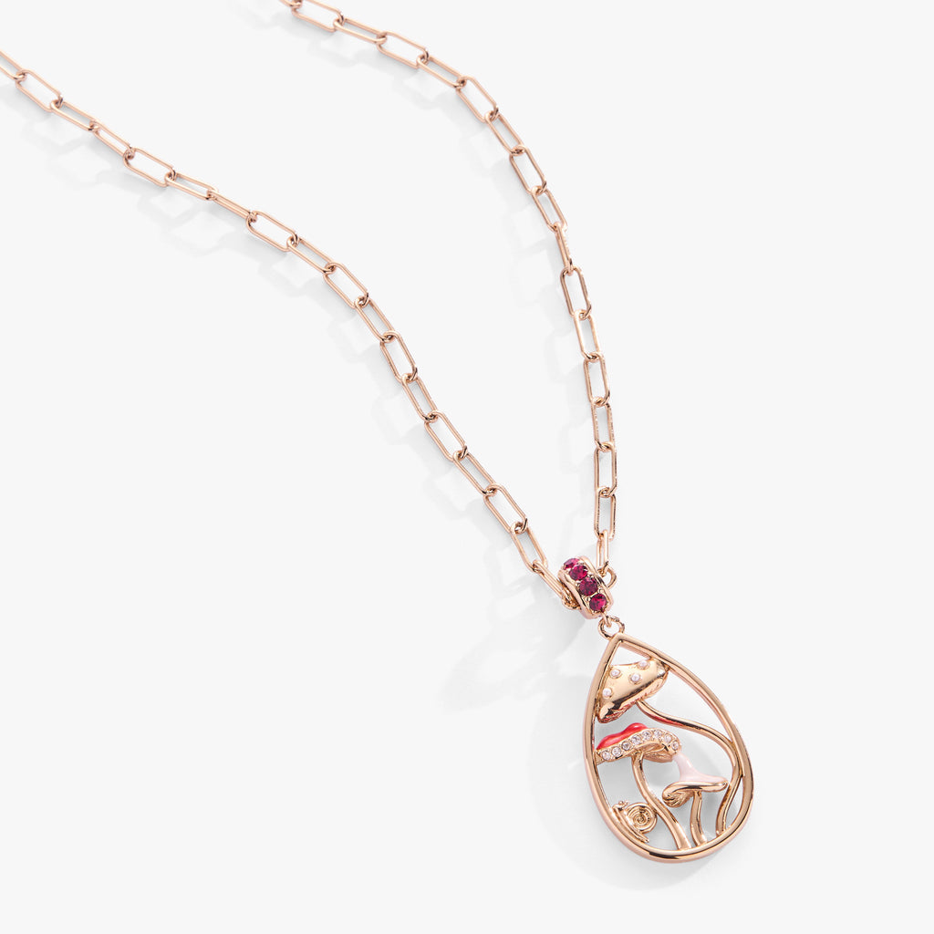 Whimsical Mushroom Pendant Necklace with Ruby Red Crystal Accent