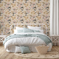 Aurelia floral wallpaper featuring pink, beige, brown, and sage-green botanical pattern