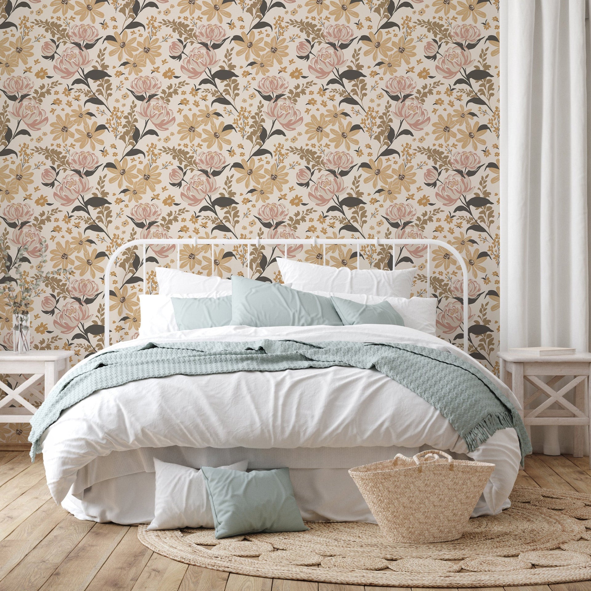 Aurelia floral wallpaper featuring pink, beige, brown, and sage-green botanical pattern