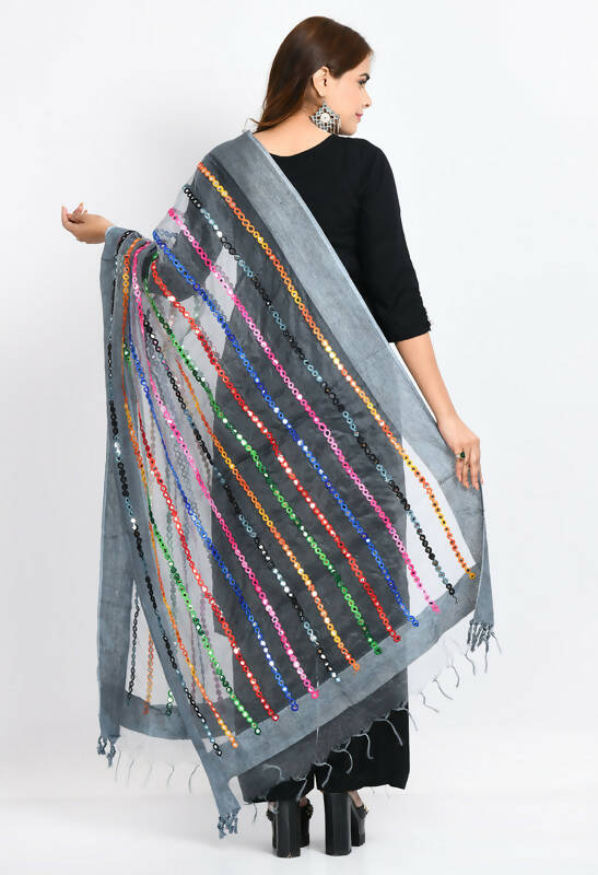 Grey Organza Dupatta with Multi-Thread and Mirror Work