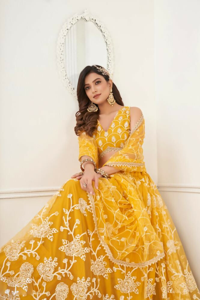Mustard Yellow Butterfly Net Lehenga Choli with Thread Embroidery