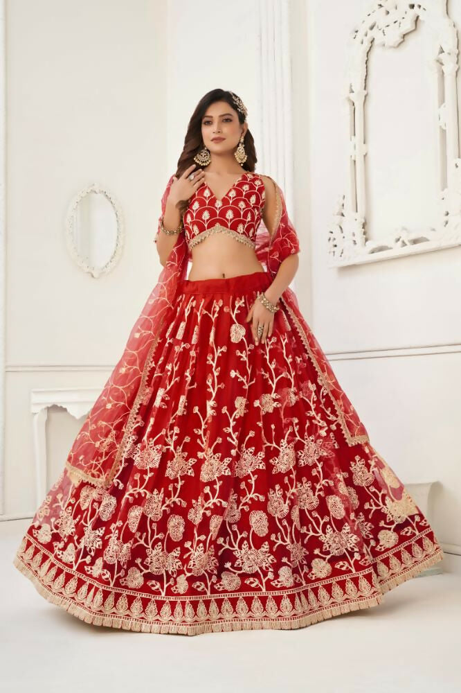 Red Butterfly Net Lehenga with White Cotton Thread and Sequence