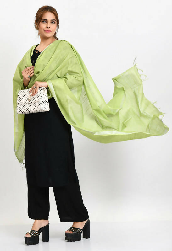 Parrot Green Linen Cotton Dupatta with Silver Border for Women