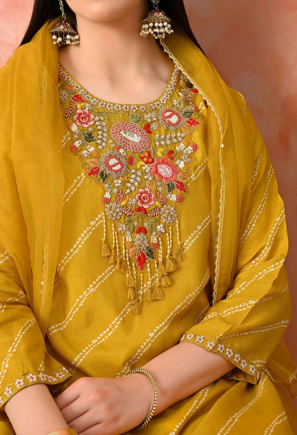 Mustard Pure Viscose Dola Silk Kurta Set with Handwork & Organza Dupatta