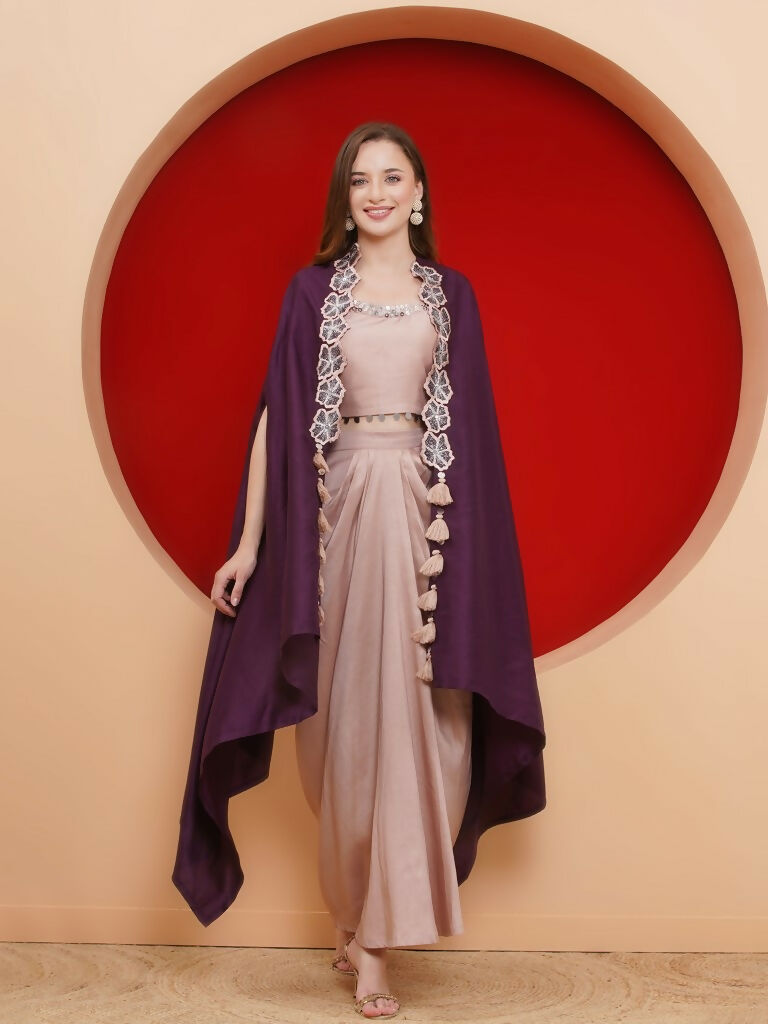 Purple and Rose Gold 3-Piece Skirt Set with Elegant Cape