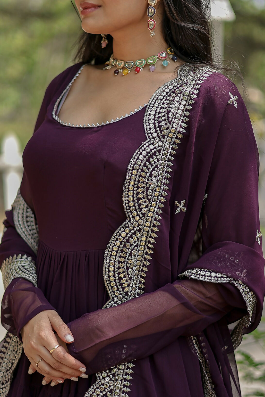 Wine Georgette Kurta Set with Elegant Sequence Embroidery
