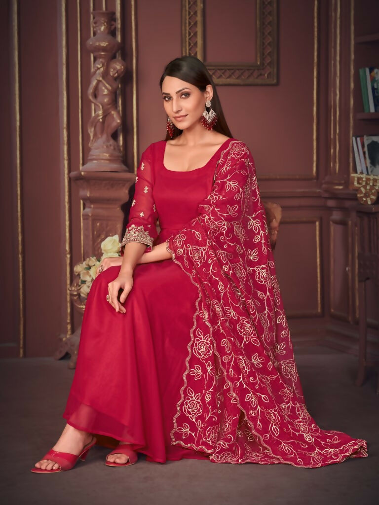 Rani Pink Georgette Embroidered Anarkali Kurta Pant Set with Dupatta