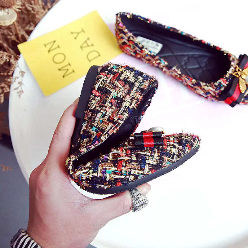 Women's Tweed Pointed Toe Flats with Bee and Bow Detail - Image 7