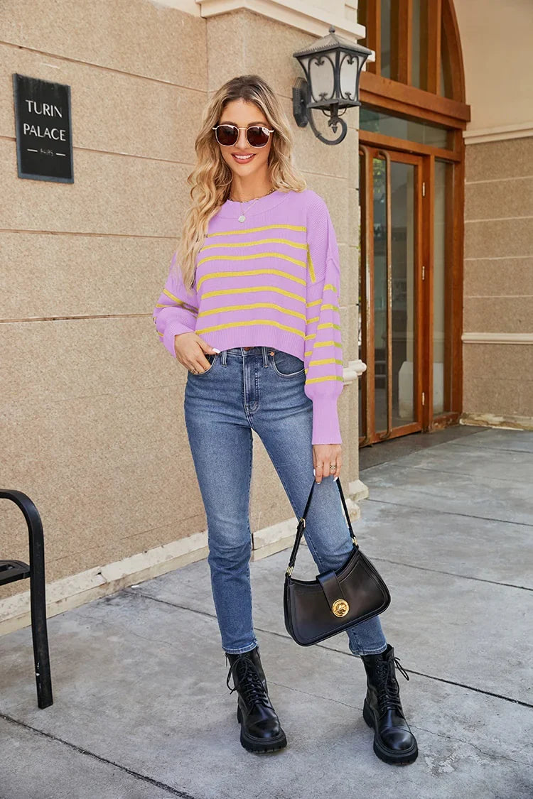Women Loose Cropped Round Neck Knit Pullover Sweater - Image 35