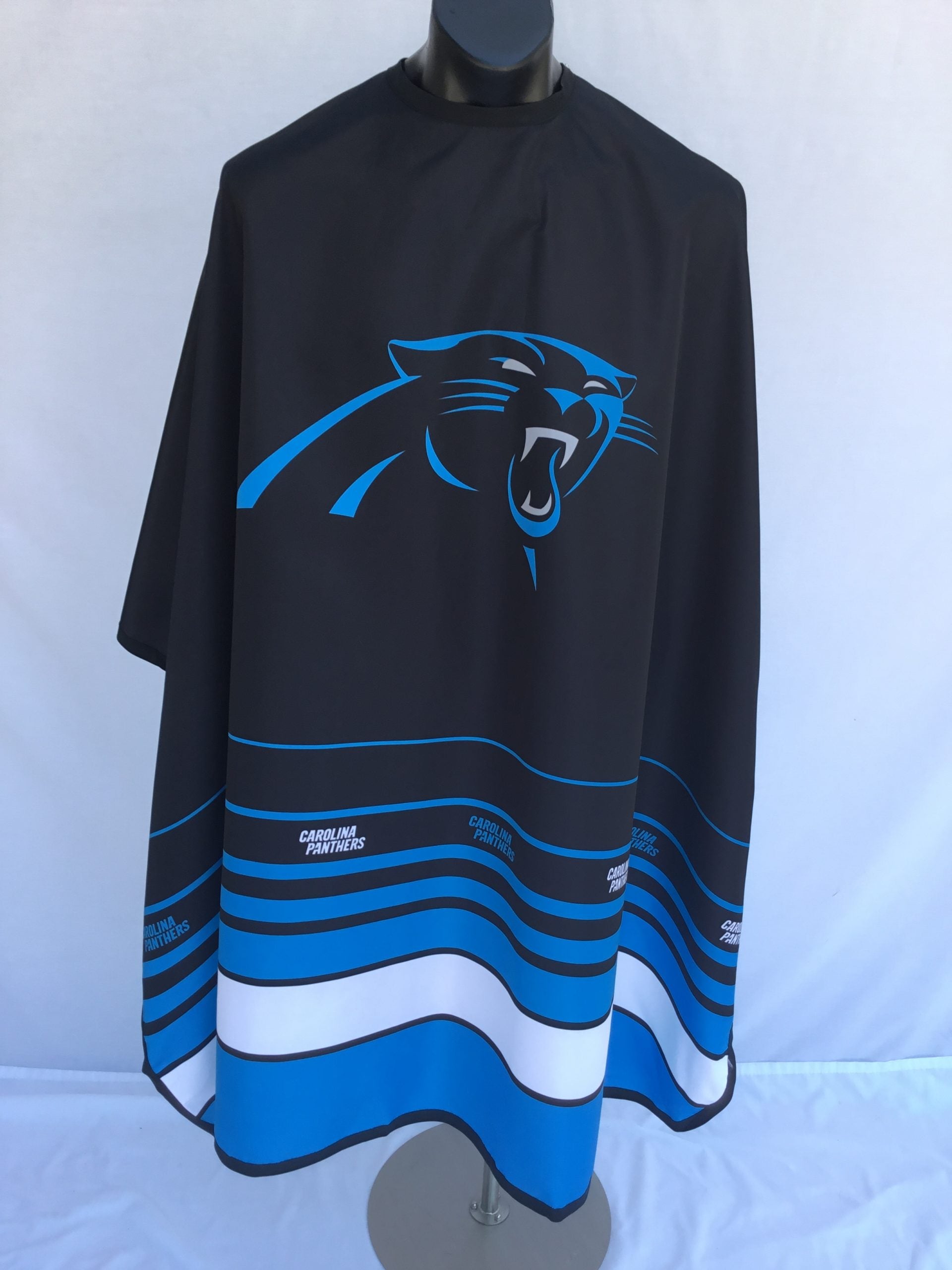 Carolina Panthers branded professional barber cape with snap closure