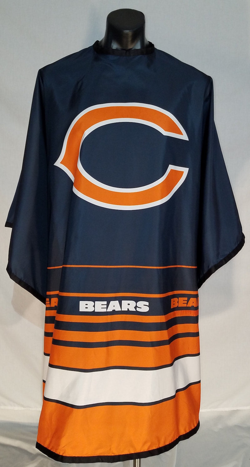 Chicago Bears fan cape in navy blue, orange, and white with stainless steel snap closure.