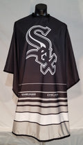Chicago White Sox branded barber cape with stainless steel snap closure