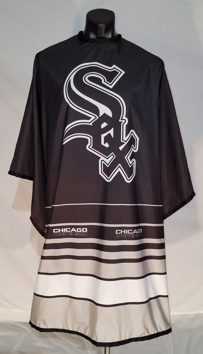 Chicago White Sox branded barber cape with stainless steel snap closure
