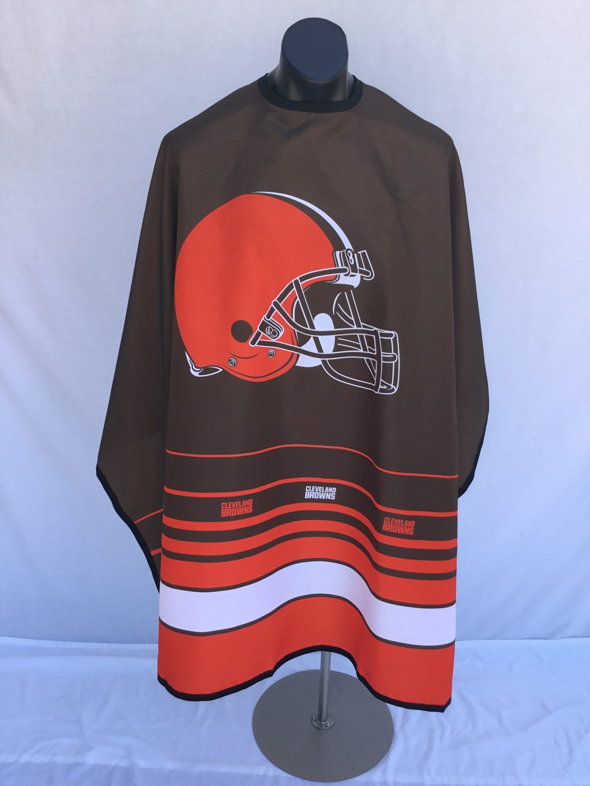 Cleveland Browns team branded barber cape with adjustable snap closure