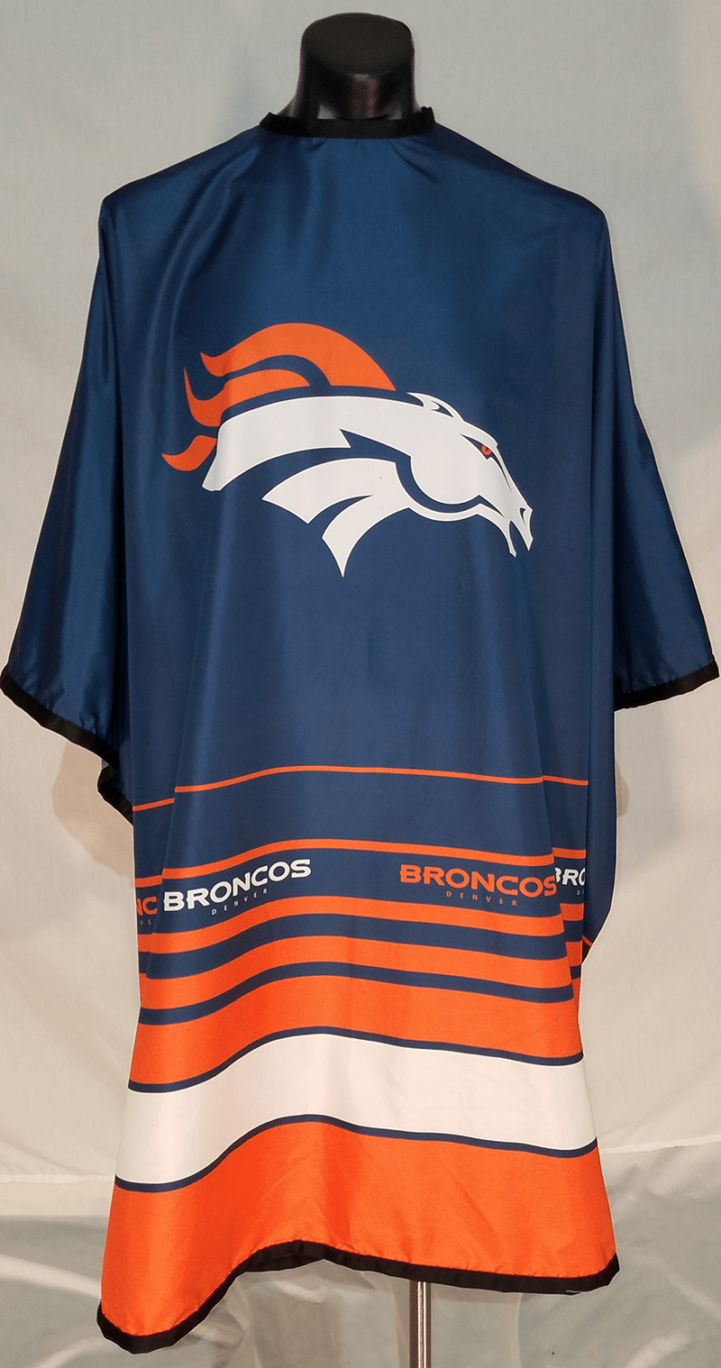 Denver Broncos professional barber cape with adjustable snap closure