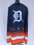 Detroit Tigers branded striped sports cape in navy blue and orange with stainless steel snap closure