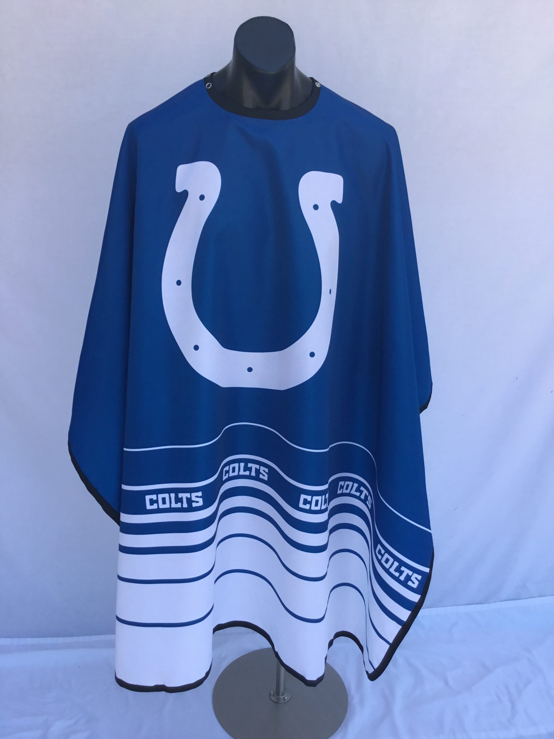 Indianapolis Colts barber cape with sublimation print and stainless steel snaps