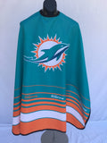 Miami Dolphins fan cape featuring teal, orange, and white team colors with an adjustable snap closure.