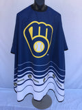 Milwaukee Brewers branded barber cape featuring adjustable snap closure