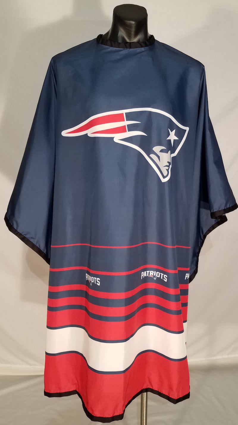 New England Patriots themed barber cape with stainless steel snap closure and vibrant team branding.