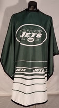 New York Jets fan cape in green and white with stainless steel snap closure.